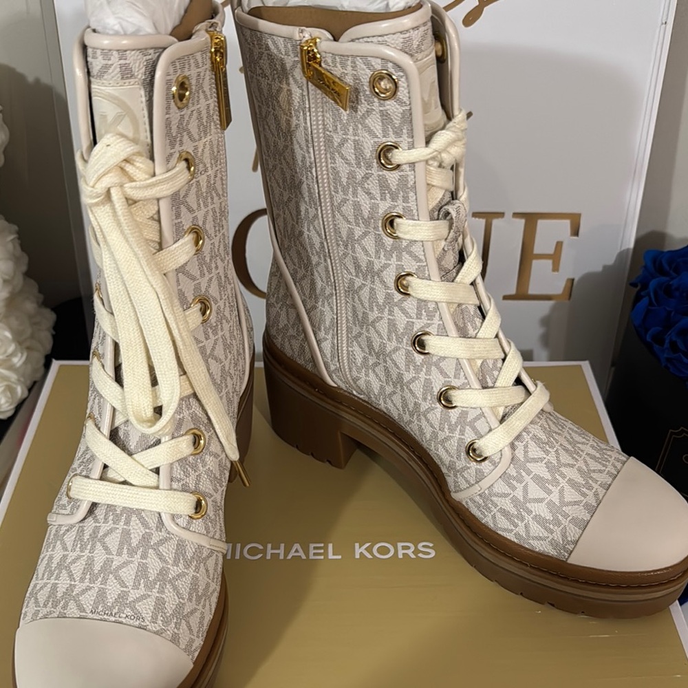 Michael Kors Cream and Tan Ankle Boots with Monogram - Picture 5 of 5